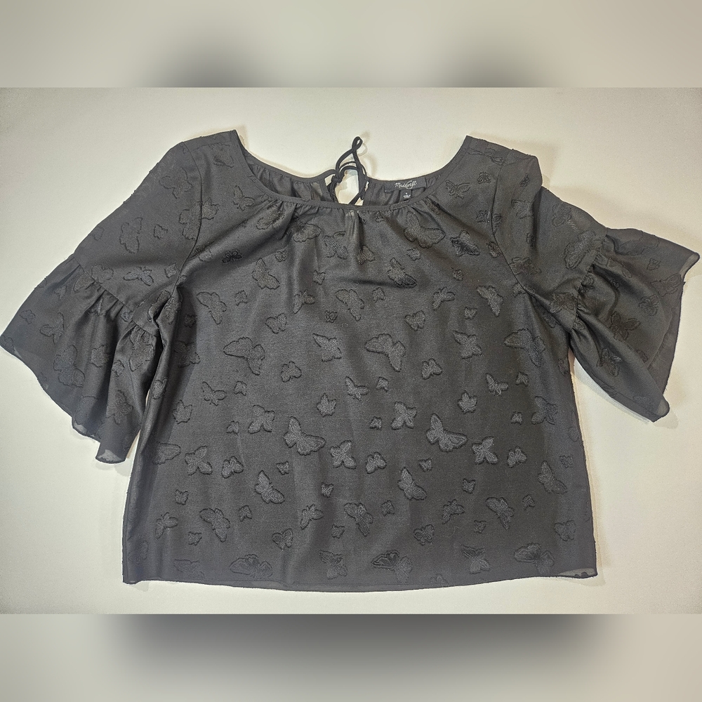 Madewell Blouse Womens Size Small Black On Black Butterfly Whimsy Fairy Goth Top